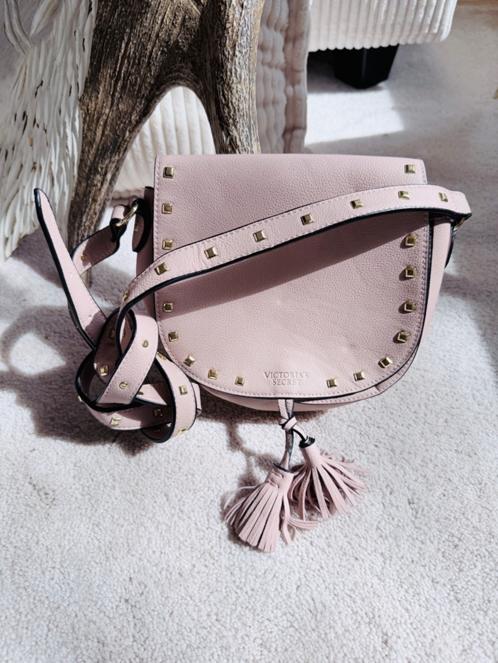Victoria's Secret Small Light Pink Studded Saddle Crossbody with Tassels 💝